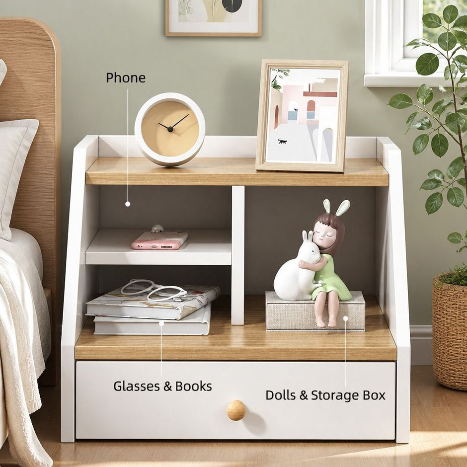 Two-Tone Bedside Table Nightstand Drawer Storage Wooden Legs White Wood Design