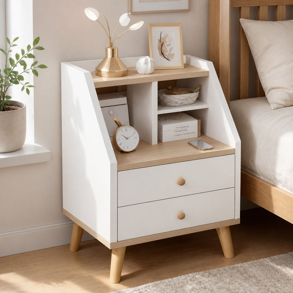 Two-Tone Bedside Table Nightstand Drawer Storage Wooden Legs White Wood Design