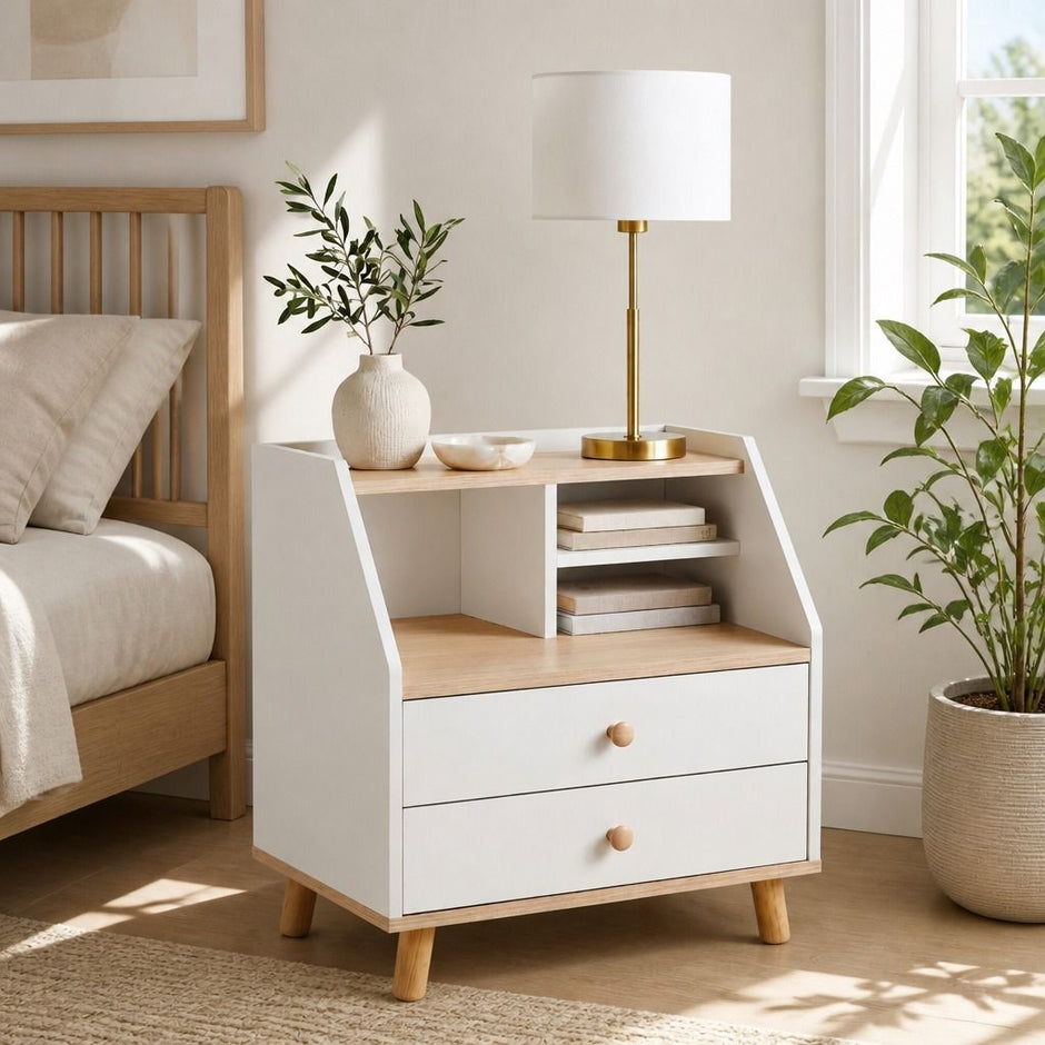 Two-Tone Bedside Table Nightstand Drawer Storage Wooden Legs White Wood Design