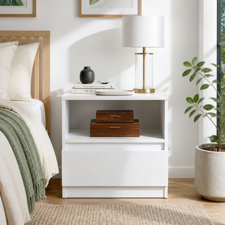 Bedside Table Drawer Nightstand Warm White Open Storage Compact 47cm Modern