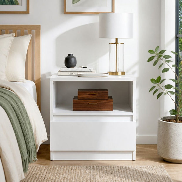 Bedside Table Drawer Nightstand Warm White Open Storage Compact 47cm Modern