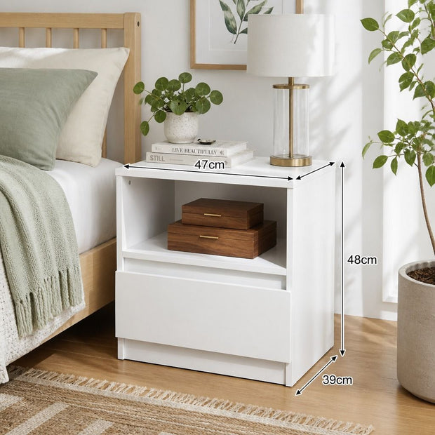 Bedside Table Drawer Nightstand Warm White Open Storage Compact 47cm Modern