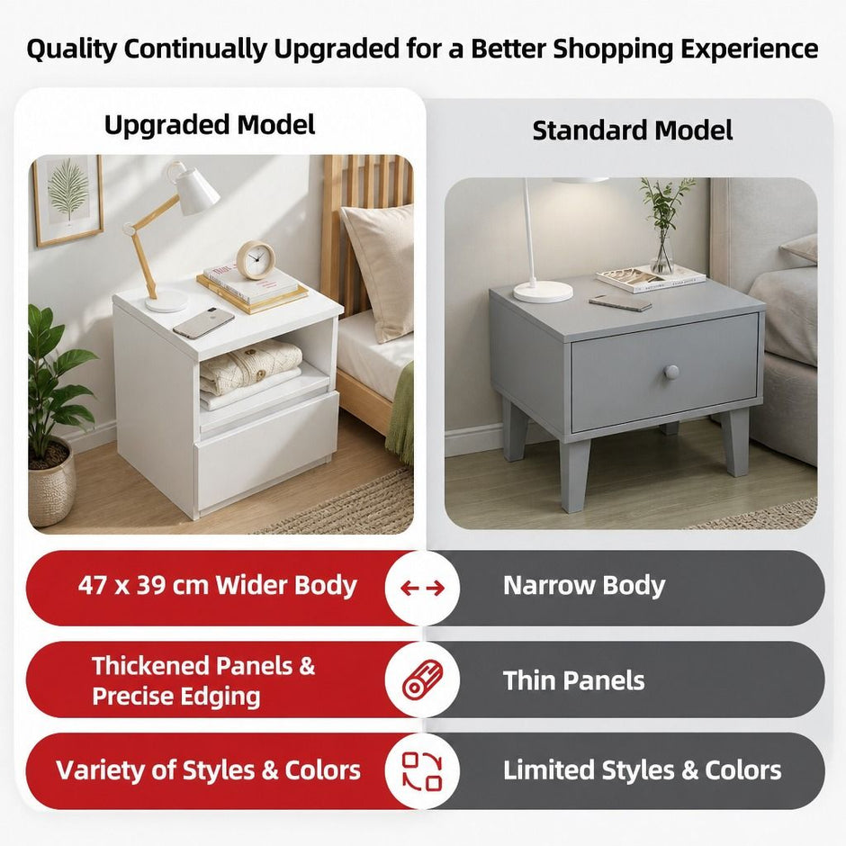 Bedside Table Drawer Nightstand Warm White Open Storage Compact 47cm Modern