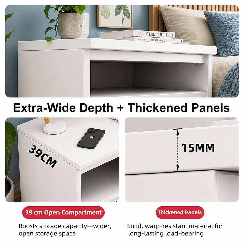 Bedside Table Drawer Nightstand Warm White Open Storage Compact 47cm Modern