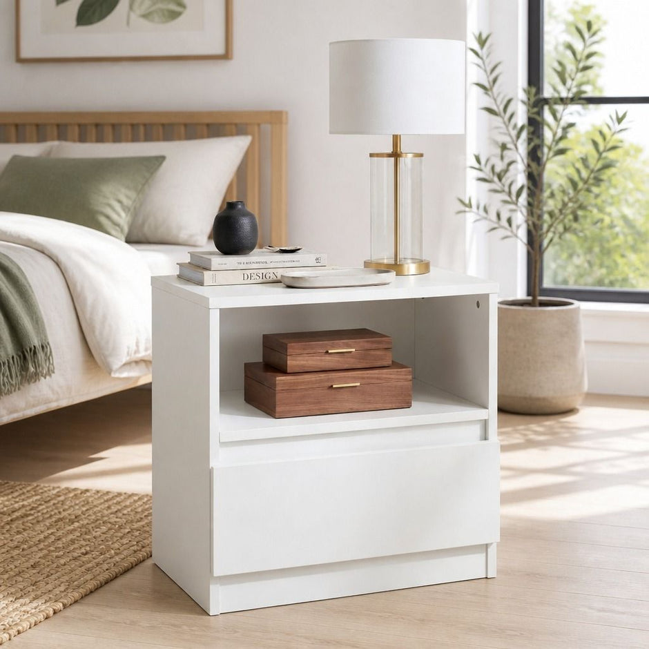 Bedside Table Drawer Nightstand Warm White Open Storage Compact 47cm Modern