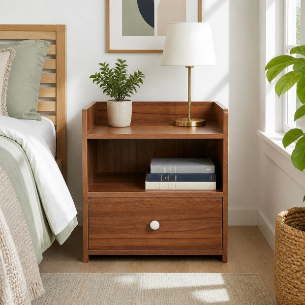 Vintage Bedside Table Walnut Nightstand Drawer Open Shelf White Knob 48cm