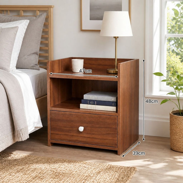 Vintage Bedside Table Walnut Nightstand Drawer Open Shelf White Knob 48cm