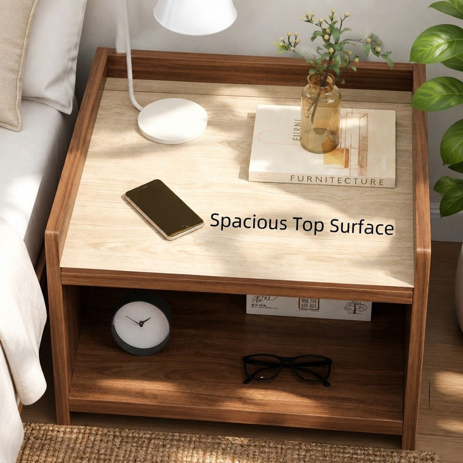 Vintage Bedside Table Walnut Nightstand Drawer Open Shelf White Knob 48cm