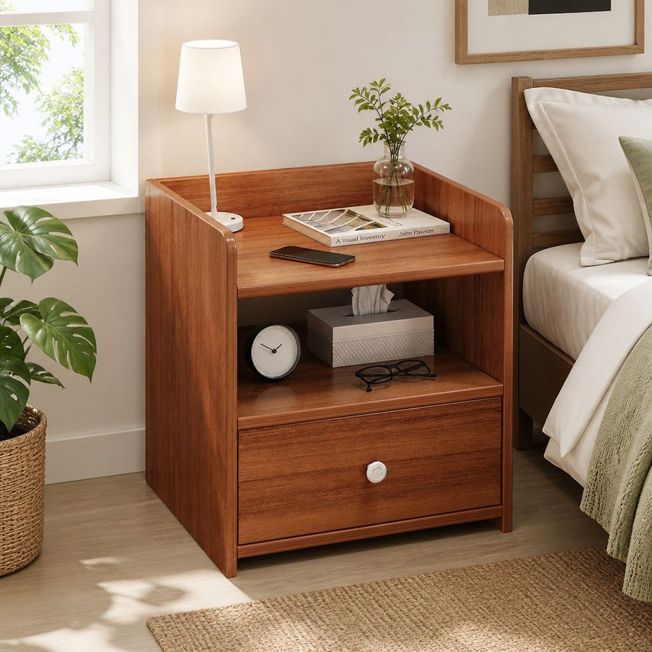 Vintage Bedside Table Walnut Nightstand Drawer Open Shelf White Knob 48cm