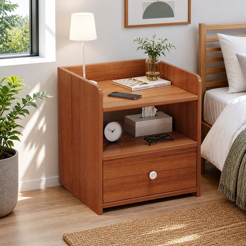Vintage Bedside Table Walnut Nightstand Drawer Open Shelf White Knob 48cm