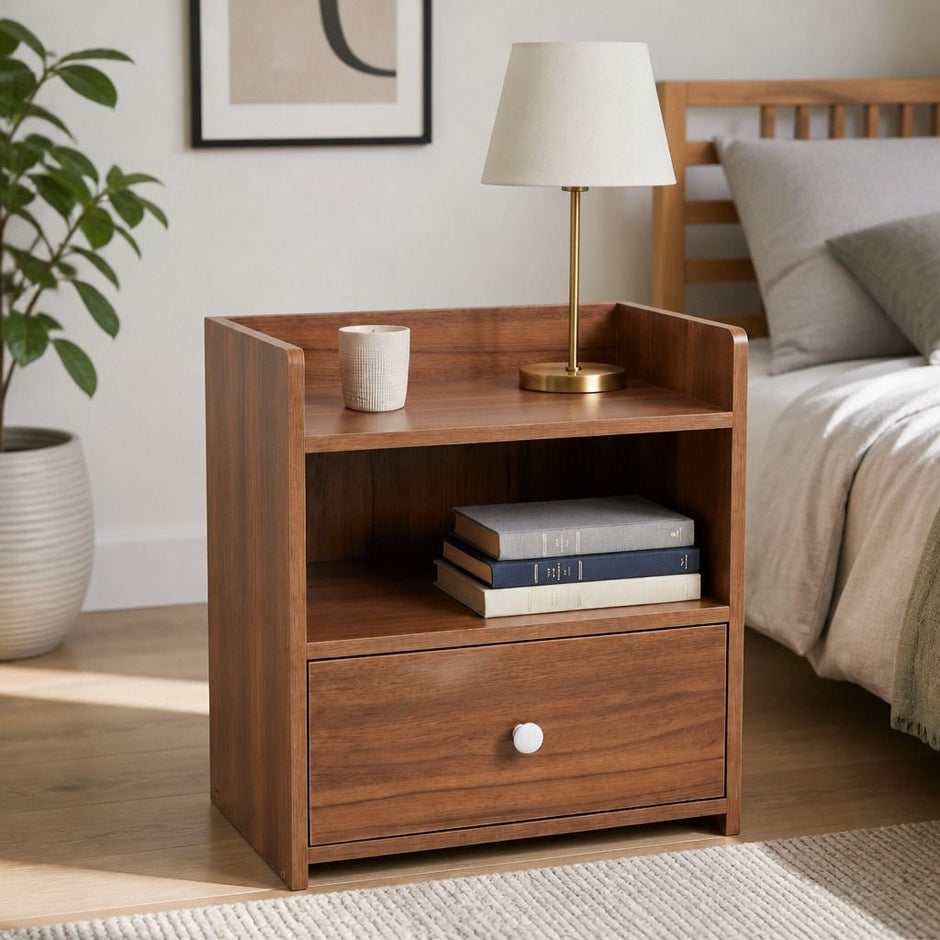 Vintage Bedside Table Walnut Nightstand Drawer Open Shelf White Knob 48cm