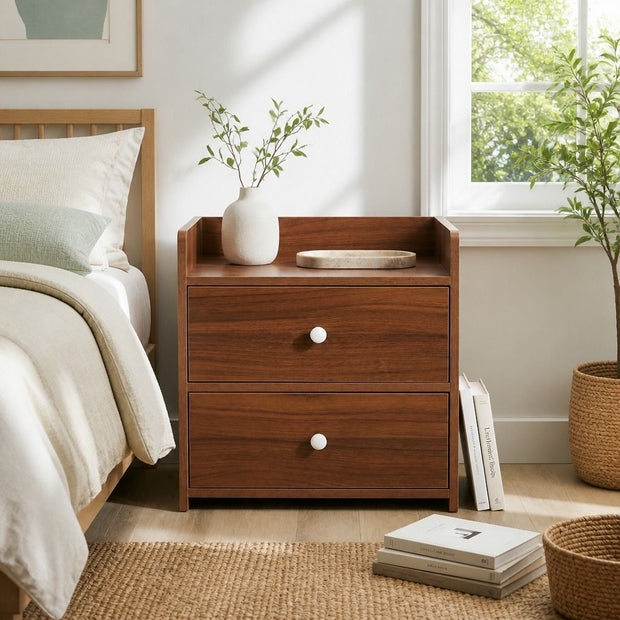 Bedside Table Nightstand Walnut Wood Grain Double Drawer Tray Top White Handles