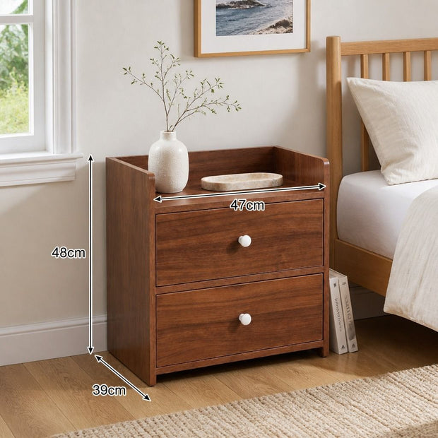 Bedside Table Nightstand Walnut Wood Grain Double Drawer Tray Top White Handles