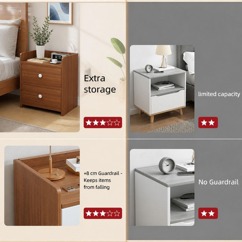 Bedside Table Nightstand Walnut Wood Grain Double Drawer Tray Top White Handles