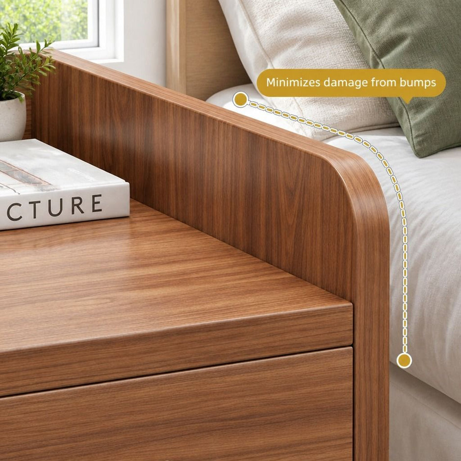 Bedside Table Nightstand Walnut Wood Grain Double Drawer Tray Top White Handles