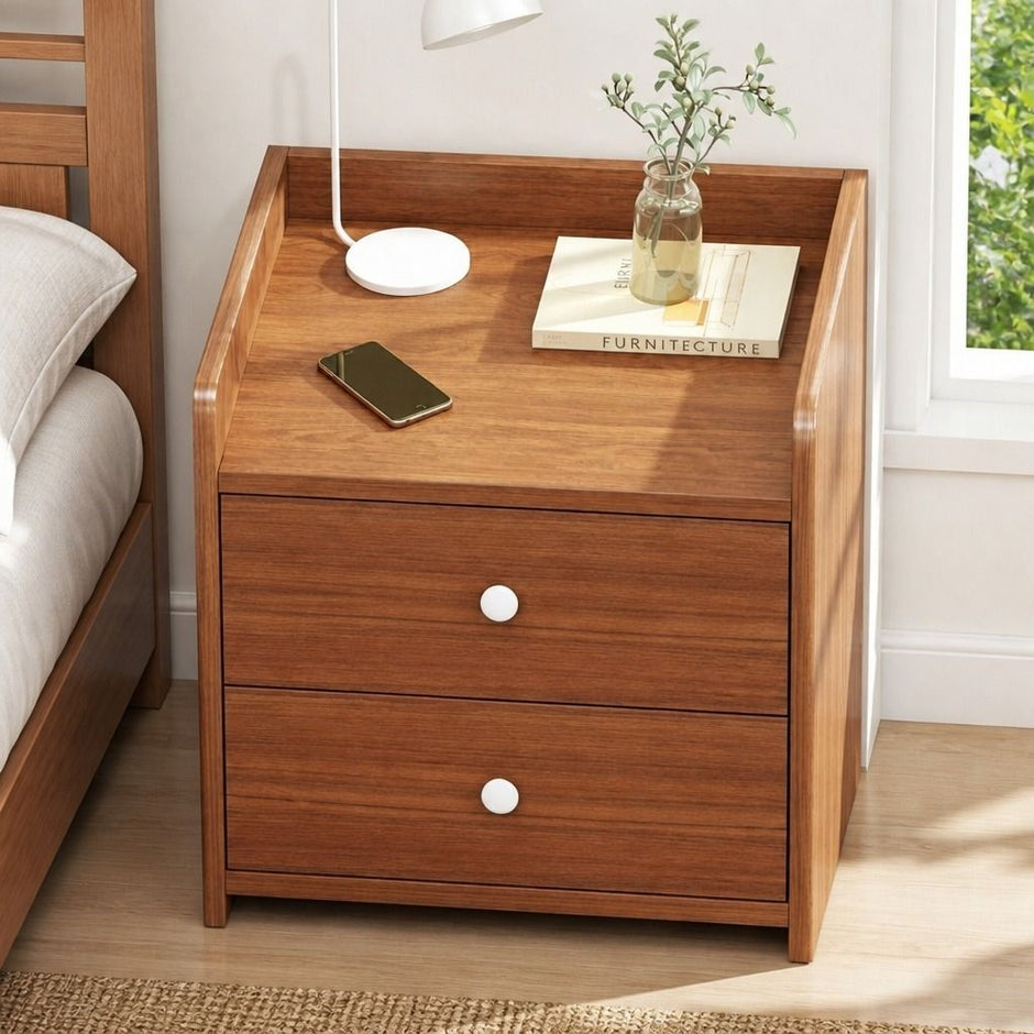 Bedside Table Nightstand Walnut Wood Grain Double Drawer Tray Top White Handles