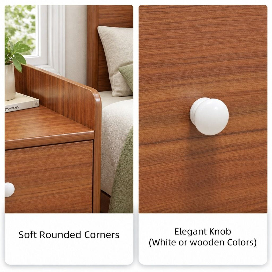 Bedside Table Nightstand Walnut Wood Grain Double Drawer Tray Top White Handles
