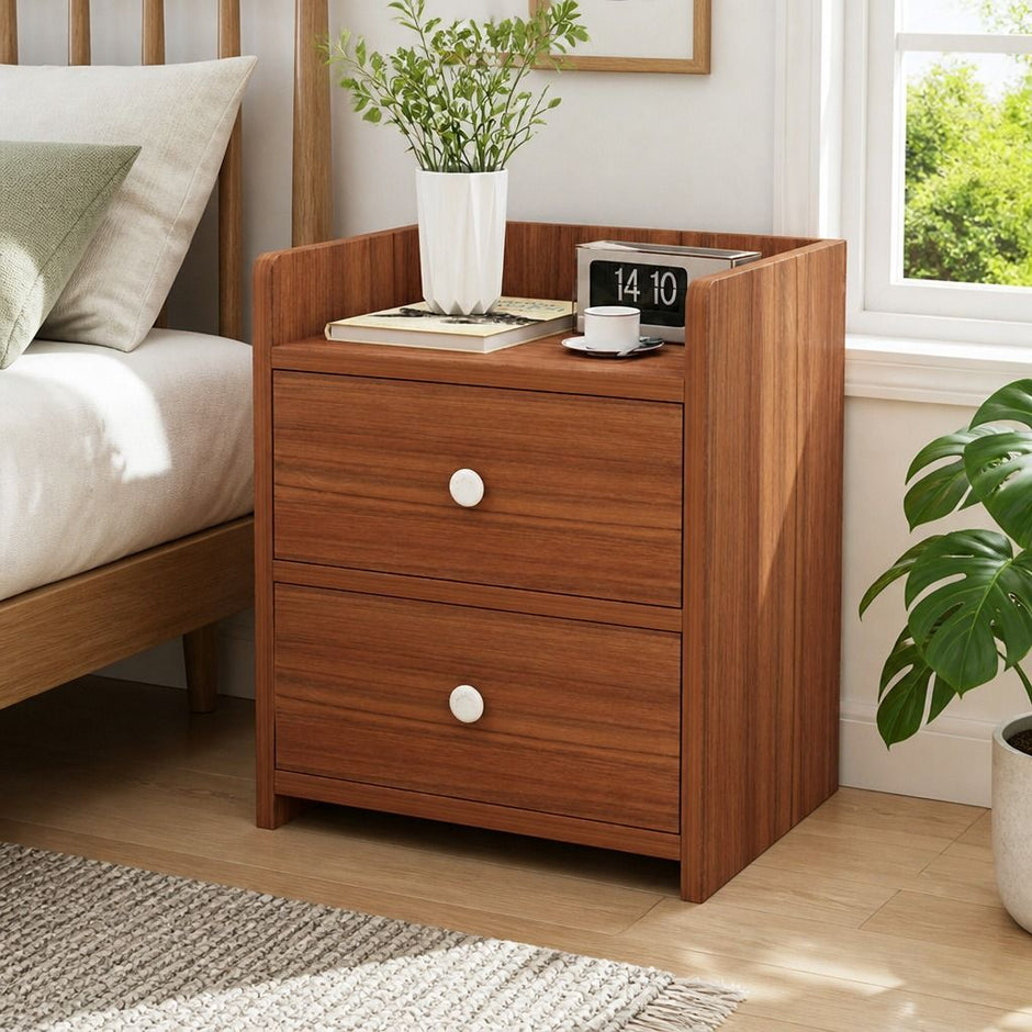 Bedside Table Nightstand Walnut Wood Grain Double Drawer Tray Top White Handles