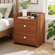 Bedside Table Nightstand Walnut Wood Grain Double Drawer Tray Top White Handles