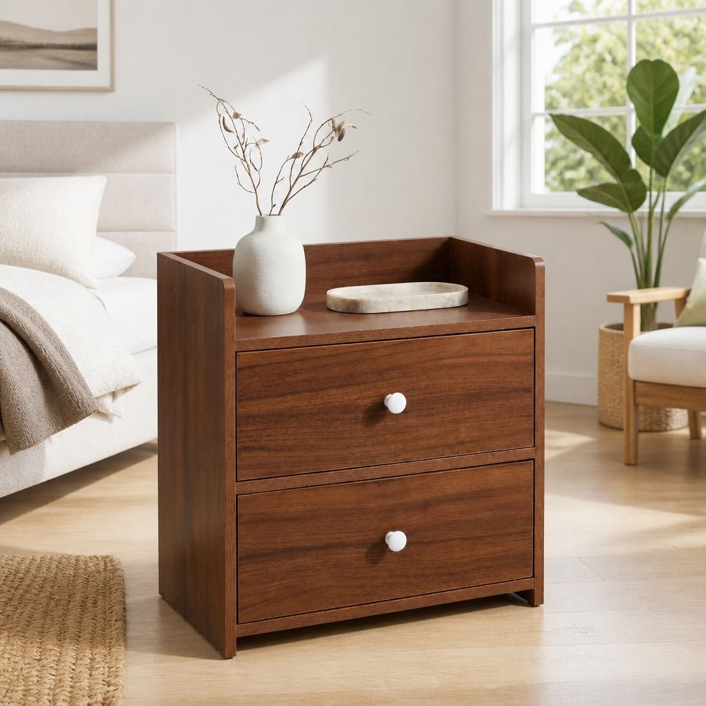 Bedside Table Nightstand Walnut Wood Grain Double Drawer Tray Top White Handles