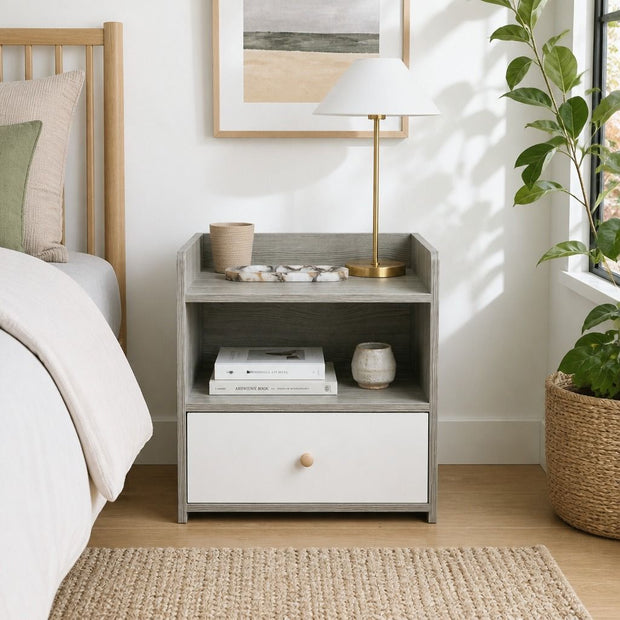 Bedside Table Drawer Nightstand Light Gray Wood Grain Storage Tray White 48cm