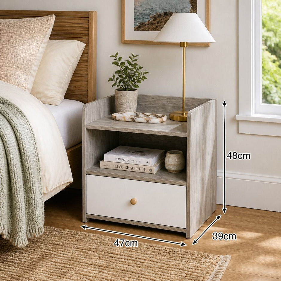 Bedside Table Drawer Nightstand Light Gray Wood Grain Storage Tray White 48cm