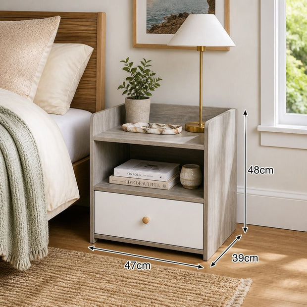 Bedside Table Drawer Nightstand Light Gray Wood Grain Storage Tray White 48cm