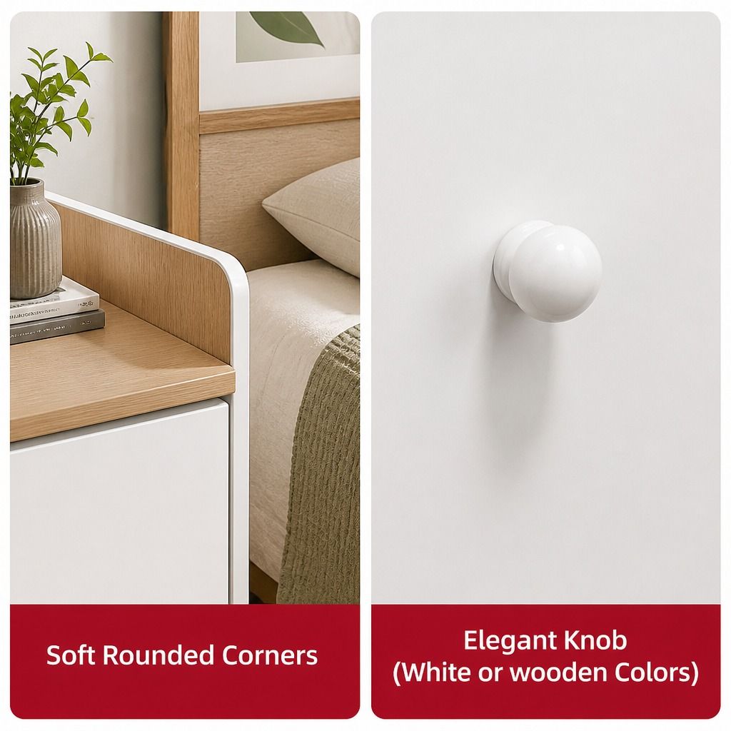 Bedside Table Drawer Nightstand Light Gray Wood Grain Storage Tray White 48cm