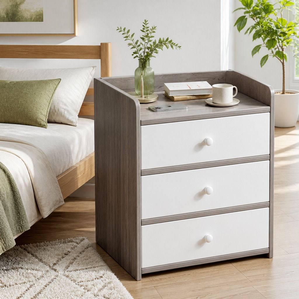 Bedside Table Drawer Nightstand Light Gray Wood Grain Storage Tray White 48cm
