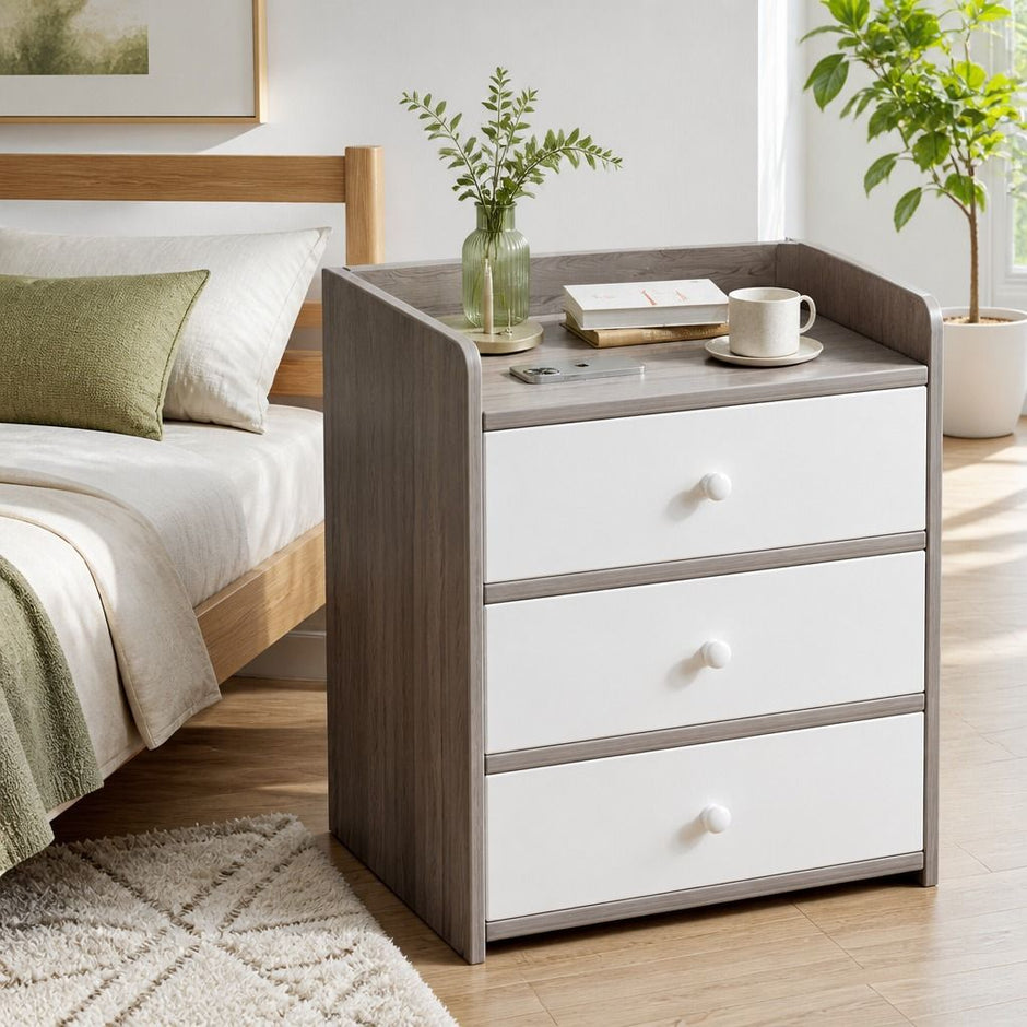 Bedside Table Drawer Nightstand Light Gray Wood Grain Storage Tray White 48cm