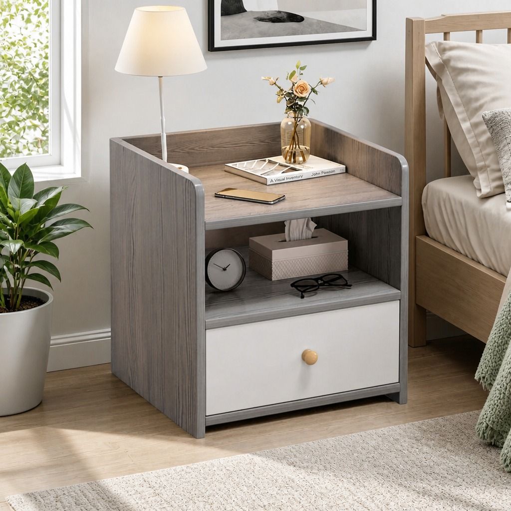 Bedside Table Drawer Nightstand Light Gray Wood Grain Storage Tray White 48cm