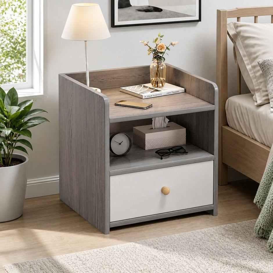 Bedside Table Drawer Nightstand Light Gray Wood Grain Storage Tray White 48cm