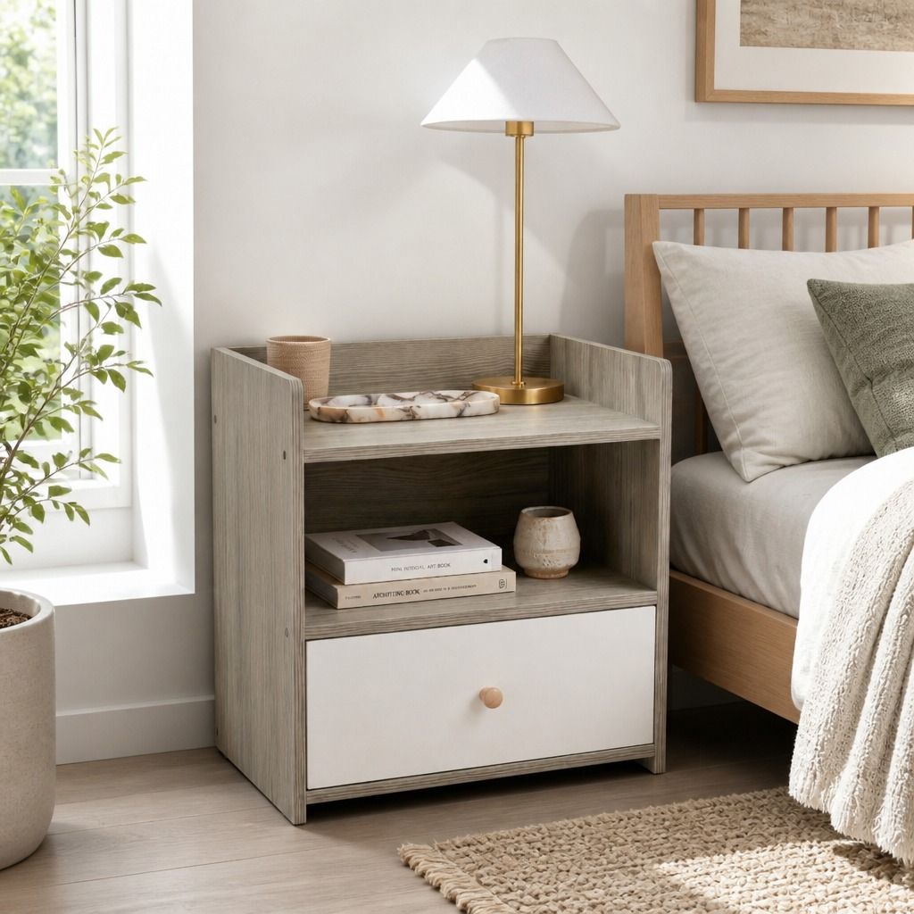 Bedside Table Drawer Nightstand Light Gray Wood Grain Storage Tray White 48cm