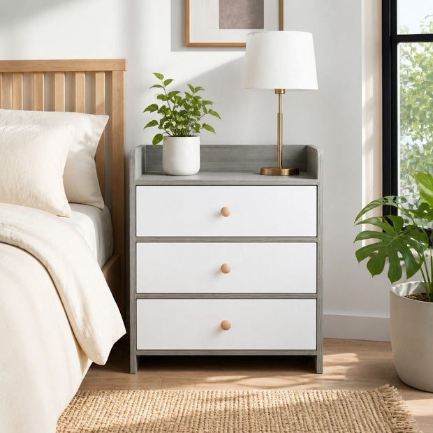 Bedside Table Drawer Nightstand Light Gray Wood Grain 3 Drawers Wooden Knobs