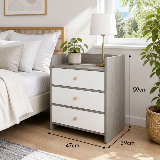 Bedside Table Drawer Nightstand Light Gray Wood Grain 3 Drawers Wooden Knobs