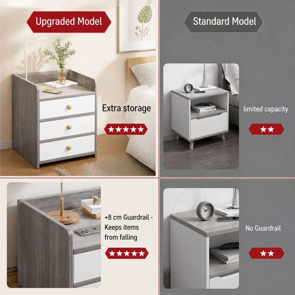Bedside Table Drawer Nightstand Light Gray Wood Grain 3 Drawers Wooden Knobs