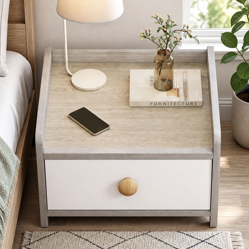 Bedside Table Drawer Nightstand Light Gray Wood Grain 3 Drawers Wooden Knobs