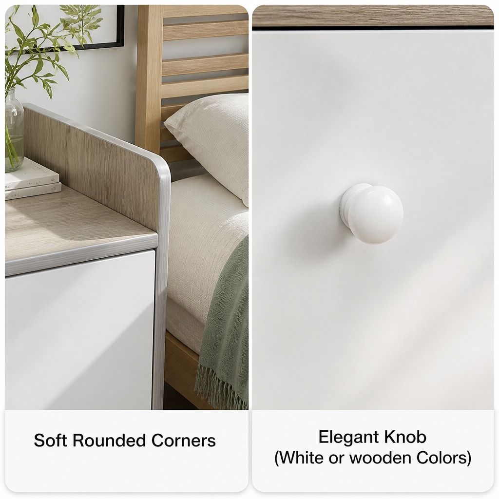 Bedside Table Drawer Nightstand Light Gray Wood Grain 3 Drawers Wooden Knobs