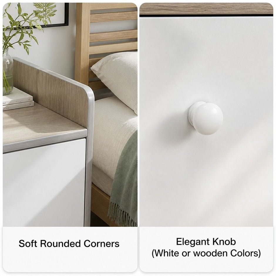Bedside Table Drawer Nightstand Light Gray Wood Grain 3 Drawers Wooden Knobs