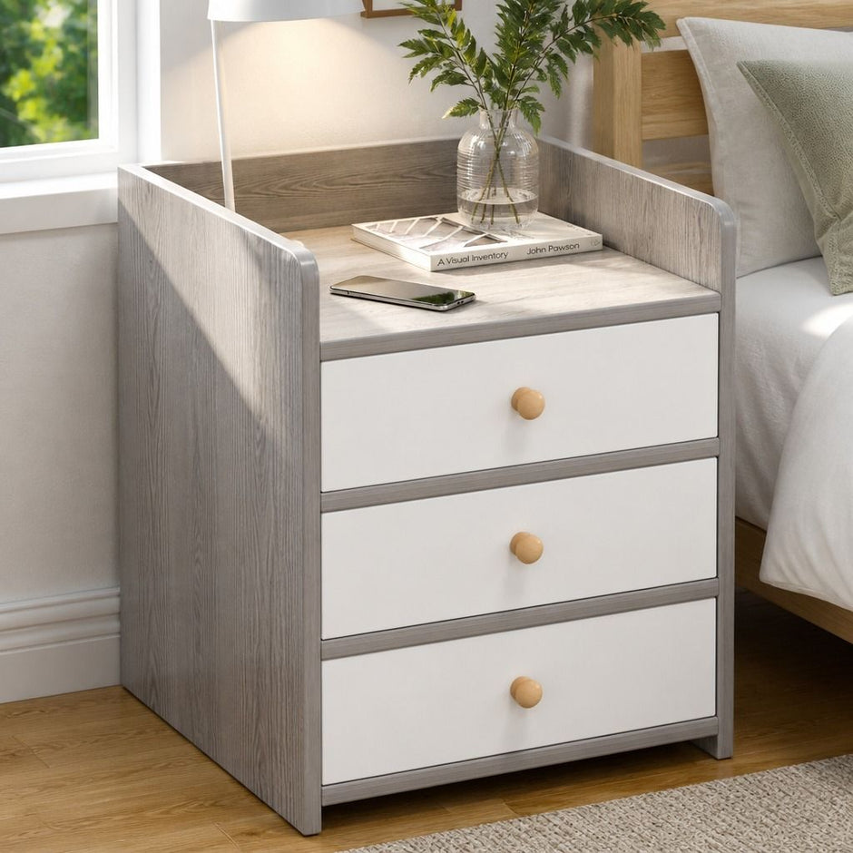 Bedside Table Drawer Nightstand Light Gray Wood Grain 3 Drawers Wooden Knobs