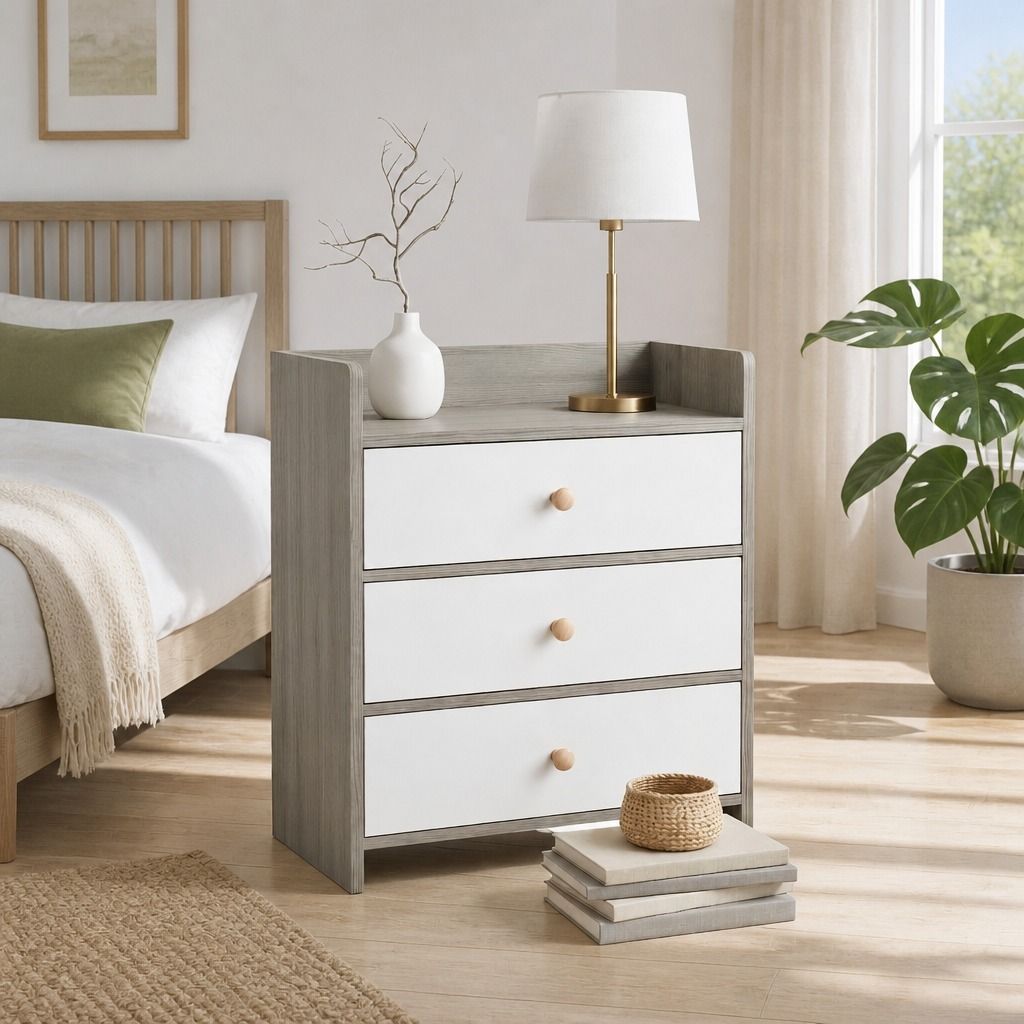 Bedside Table Drawer Nightstand Light Gray Wood Grain 3 Drawers Wooden Knobs