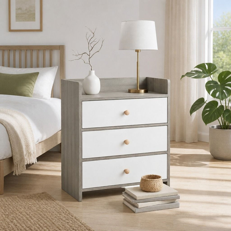 Bedside Table Drawer Nightstand Light Gray Wood Grain 3 Drawers Wooden Knobs