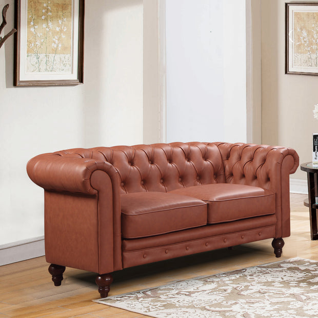 2 Seater Brown Sofa Lounge Button Tufted in Faux Leather