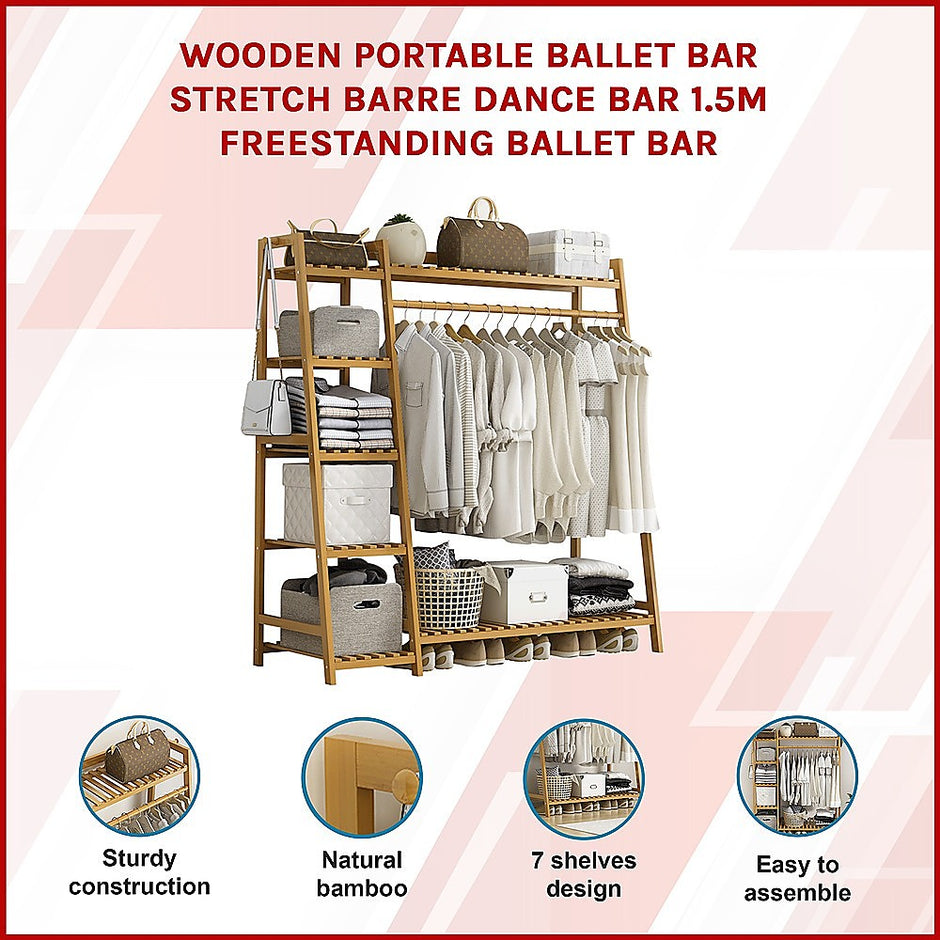 Portable Clothes Rack Coat Garment Stand Bamboo Rail Hanger Airer Closet