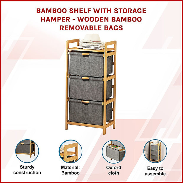 Bamboo Shelf with Storage Hamper – Wooden Organiser with 3 Laundry Bags