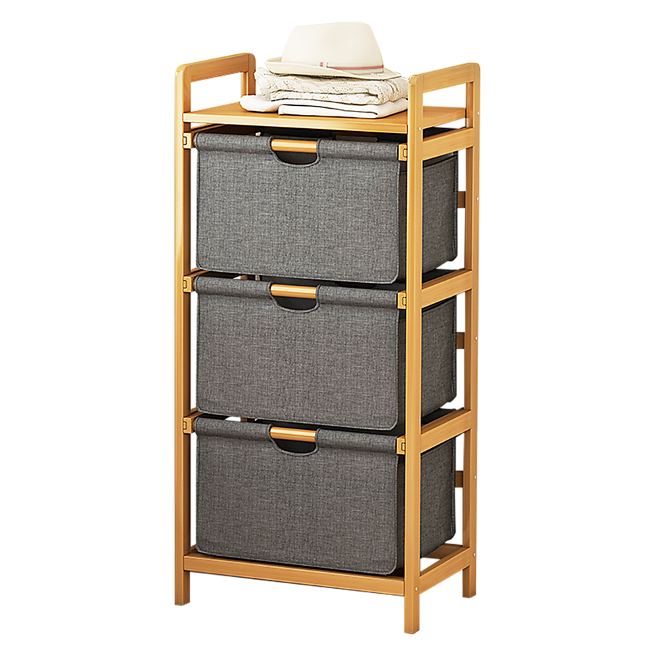 Bamboo Shelf with Storage Hamper – Wooden Organiser with 3 Laundry Bags