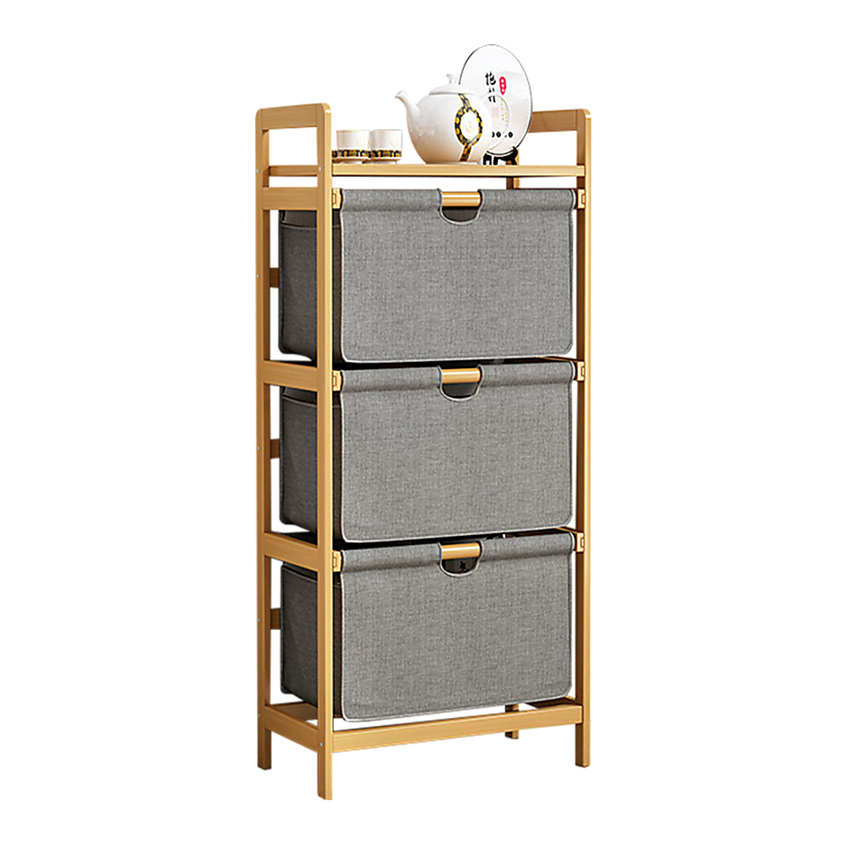 Bamboo Shelf with Storage Hamper – Wooden Organiser with 3 Laundry Bags