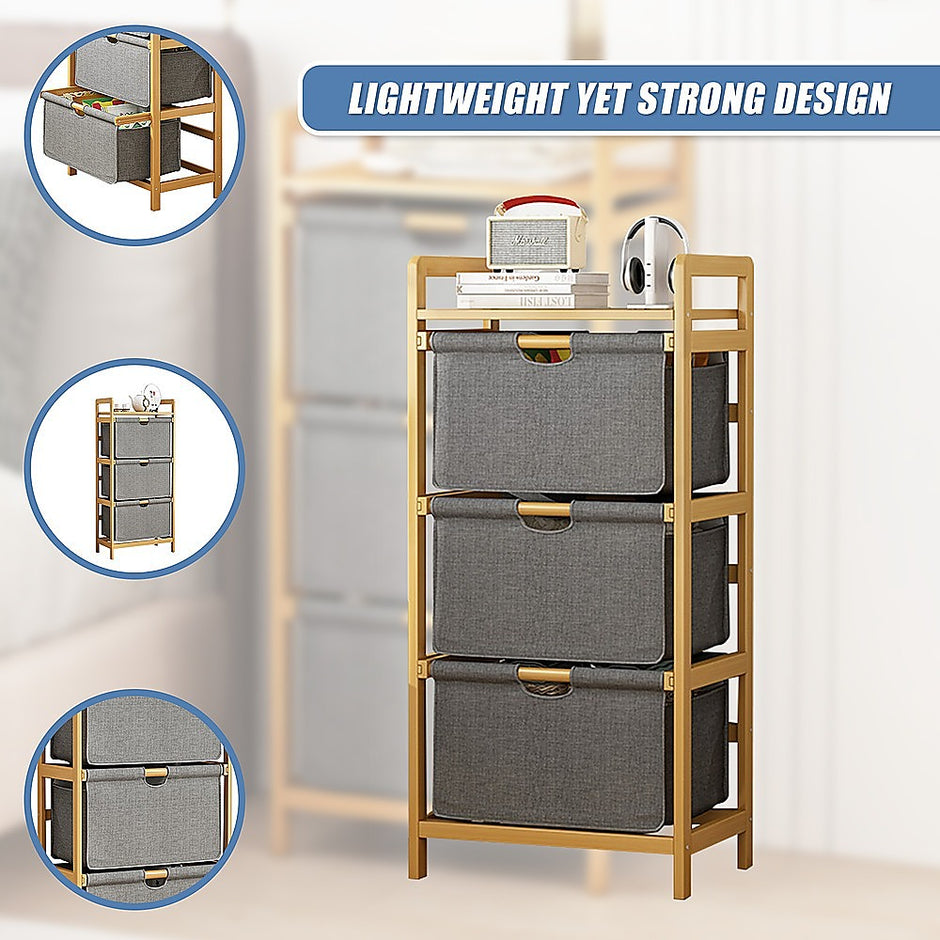 Bamboo Shelf with Storage Hamper – Wooden Organiser with 3 Laundry Bags