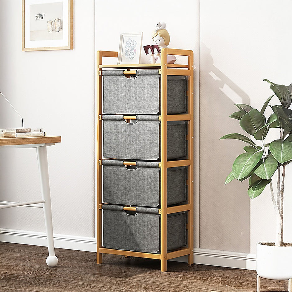 Bamboo Shelf with Storage Hamper – Wooden Organiser with 4 Laundry Bags
