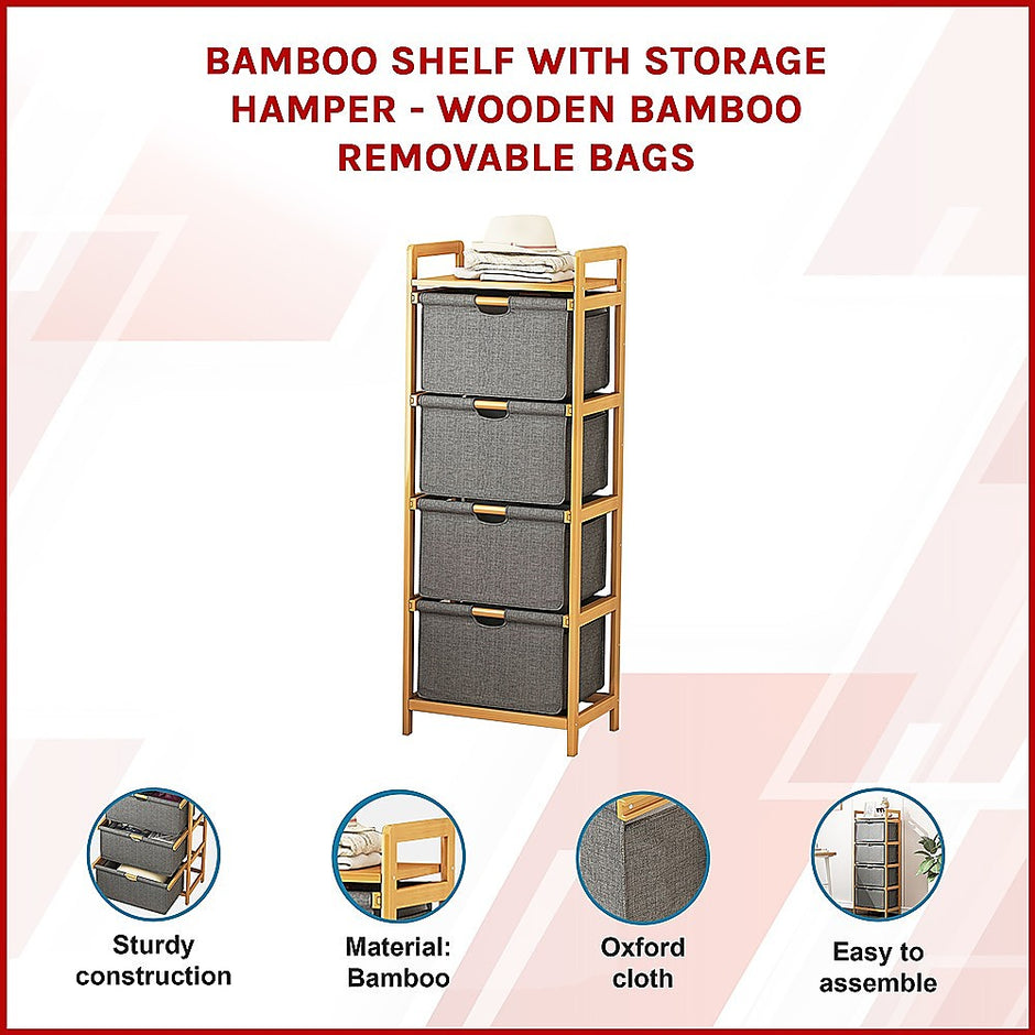 Bamboo Shelf with Storage Hamper – Wooden Organiser with 4 Laundry Bags